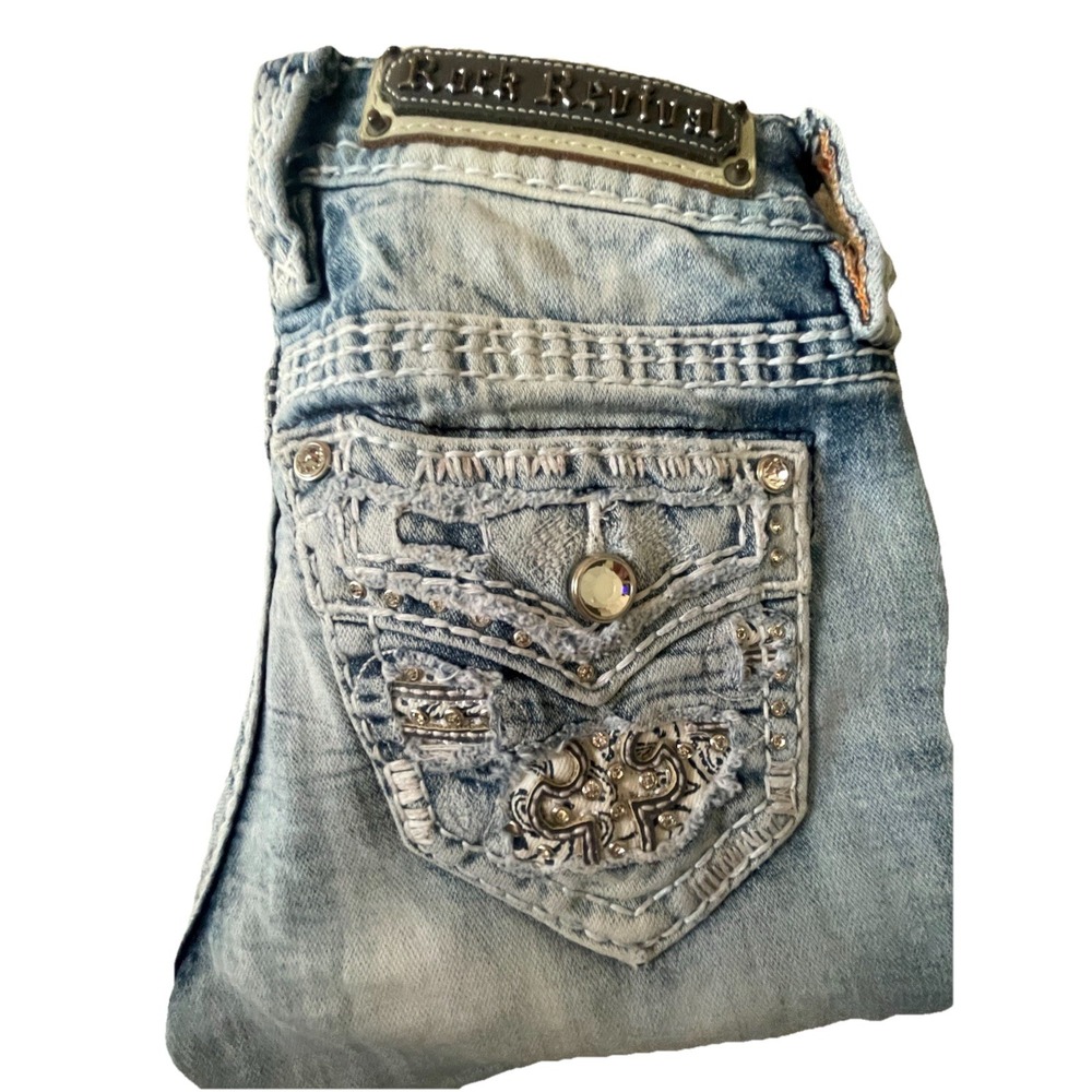 Rock Revival Jeans 24 Medium Straight EUC Distressed Fleur De Lis Bling Y2K Rock